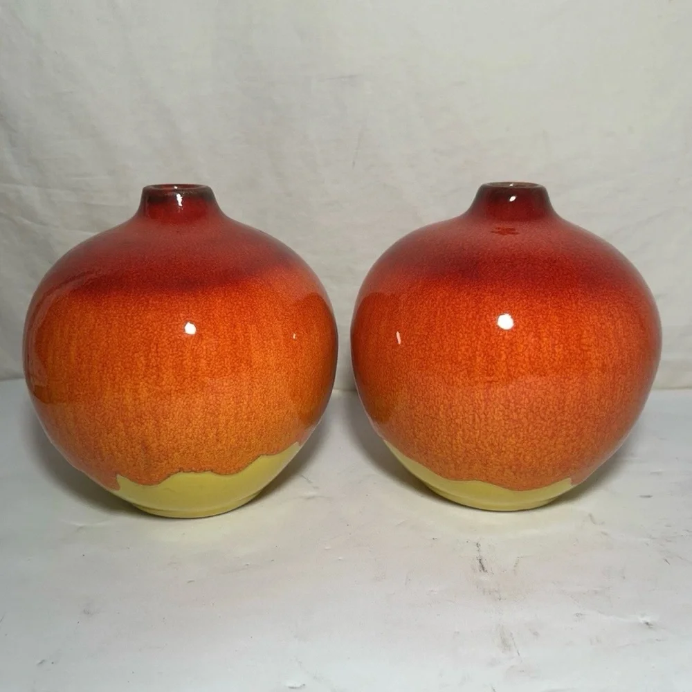 2 Drip Glaze Red Orange Yellow Bud Vase Roy Crate & Barrel Art Pottery 5” Pair